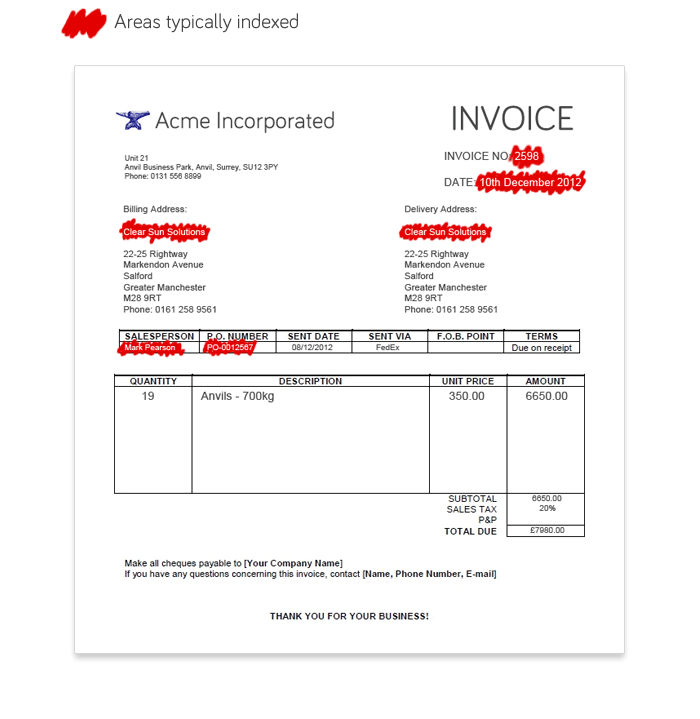 An image highlighting the invoice data. Our invoice scanning services in Manchester, London, Birmingham and throughout the UK capture the data and convert to digital files. You can search efficiently by using invoice data placed in categories