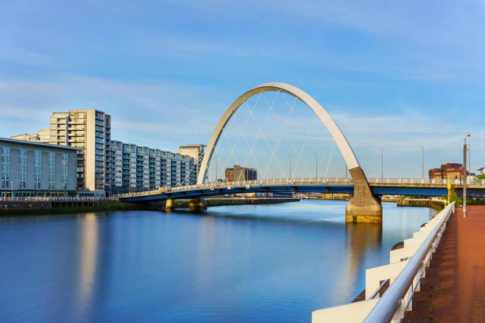 Glasgow/Scotland - September 20 2016: The Clyde Arc and surrounding buildings against a blue sky