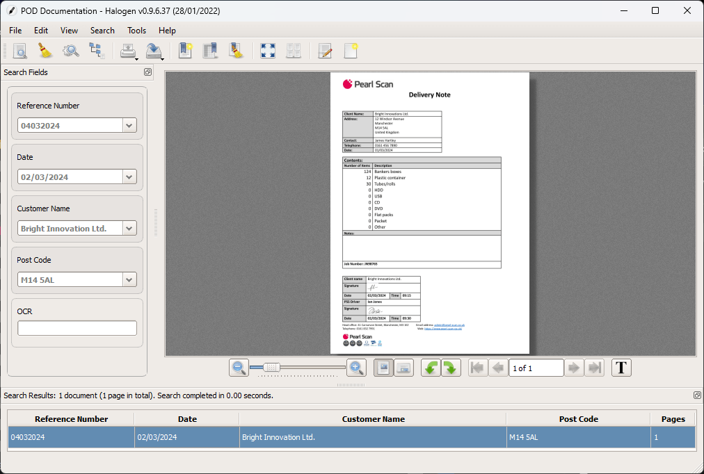Halogen delivery note retrieval screenshot