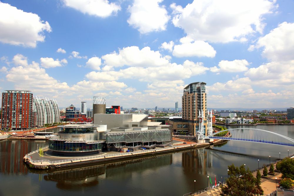 view of Salford Quays Manchester, with BBC Manchester, Media City and Lowery theatre all together.