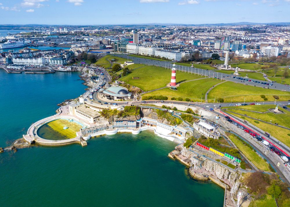 Aerial photograph of Plymouth Barbican and Plymouth Hoe.