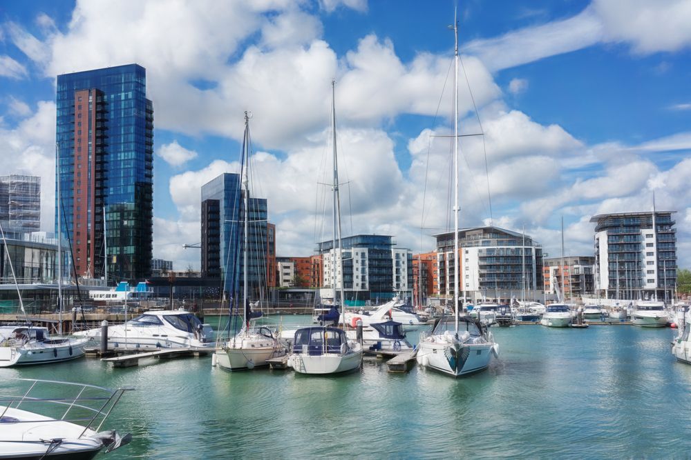 Luxury yachts and apartments at Southampton's Ocean Village marina