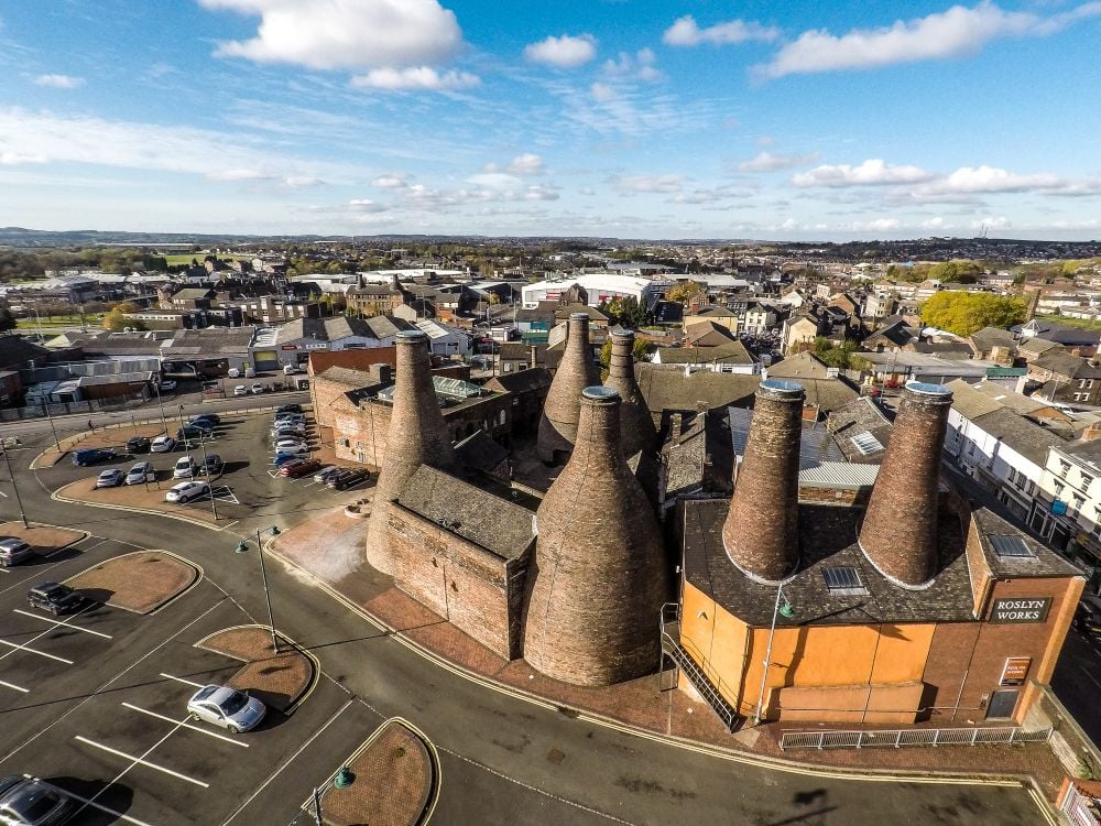 Aerial view of the famous Gladstone Pottery Museum bottle kilns formerly used in manufacturing in the city Stoke on Trent, Staffordshire, industrial decline, poverty and cultural demise