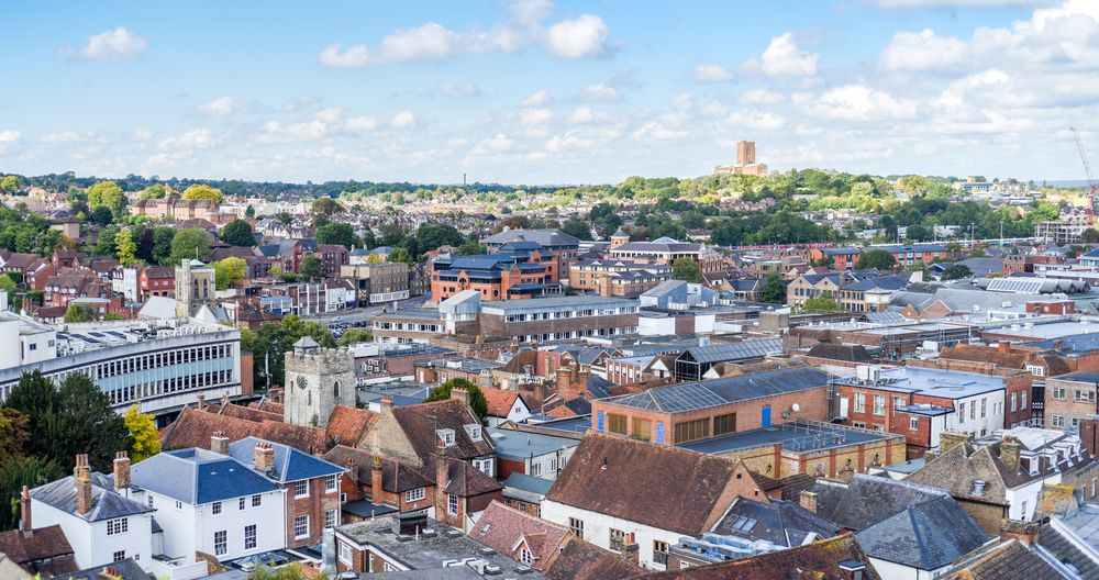 Panorama of the aerial view of Guildford, Surrey, UK