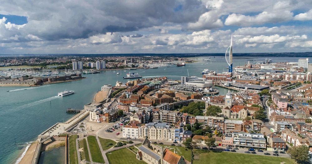 Aerial view of the town and the bay of Portsmouth, Southern England