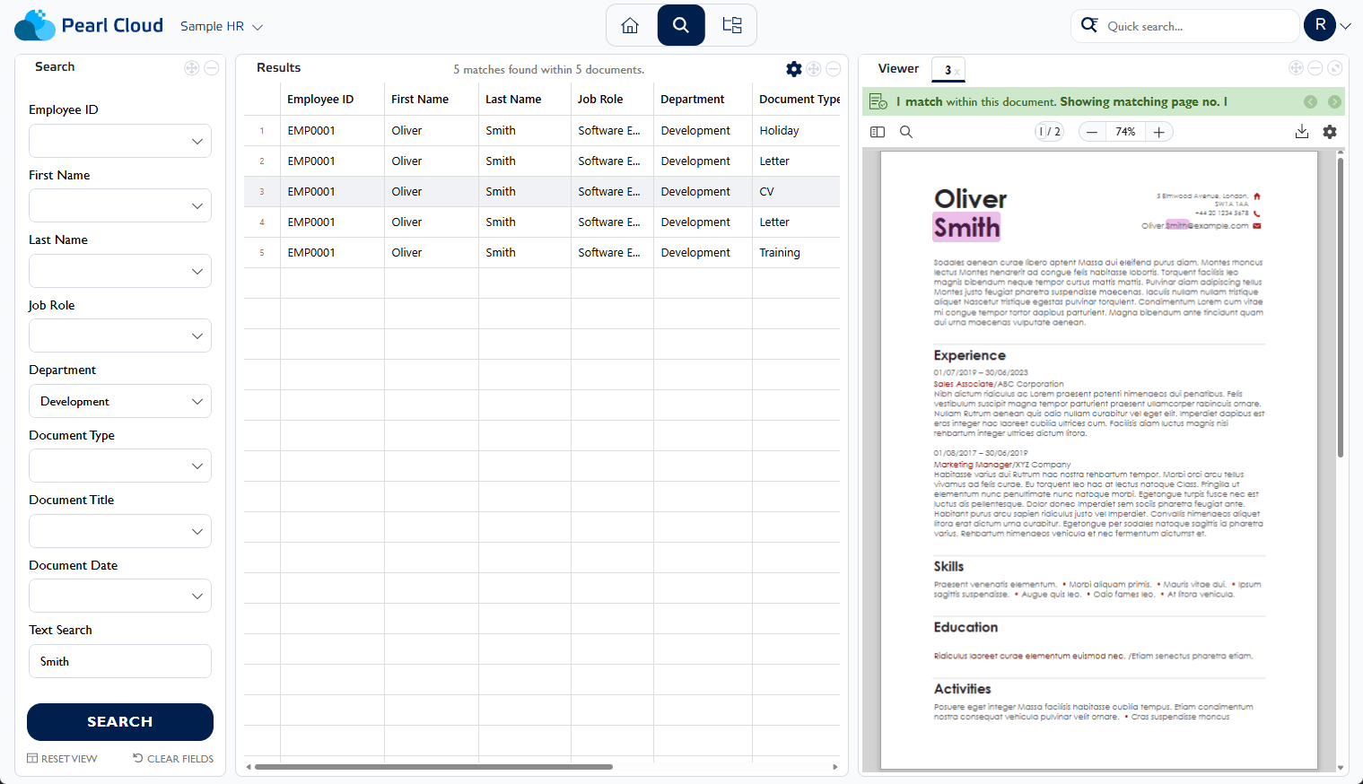 A Pearl Cloud screenshot showing a document with OCR text highlighting