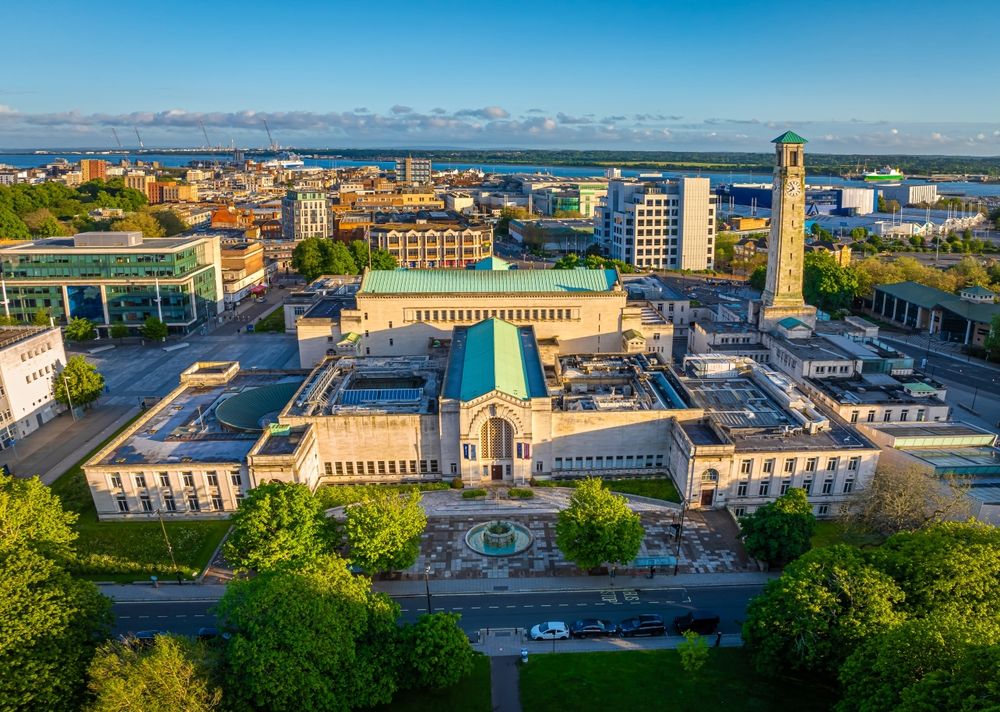 Aerial view of SeaCity Museum in Southampton, a port city in Hampshire, England, UK