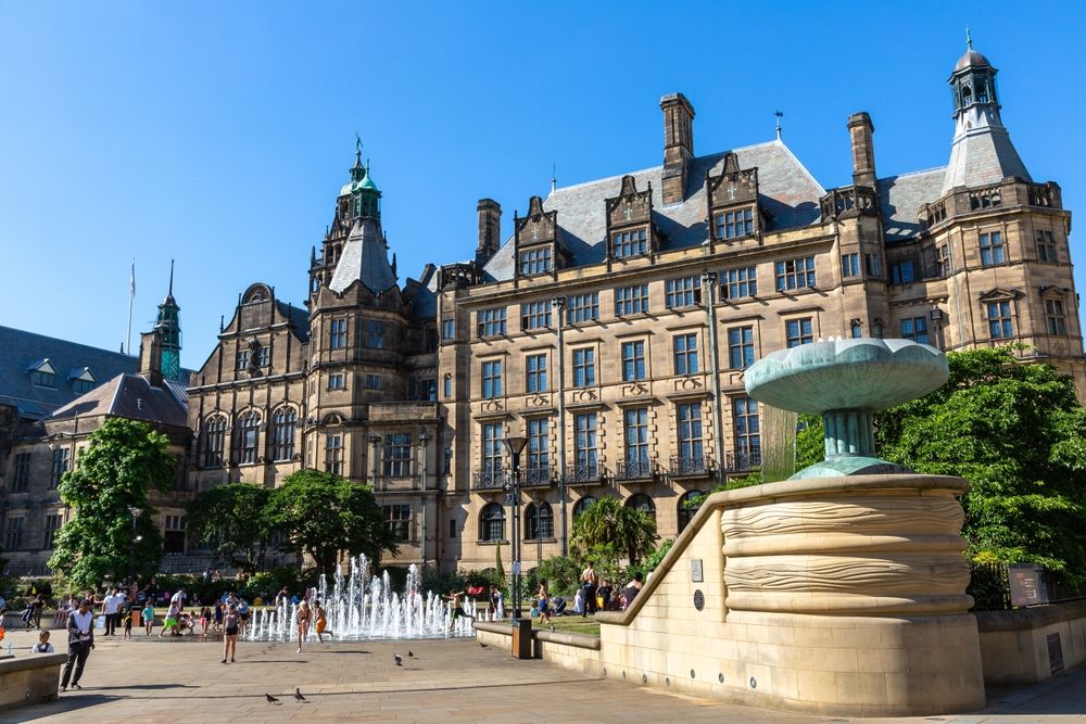 Sheffield Town Hall and Peace Gardens in a sunny summer day in Sheffield, South Yorkshire, UK