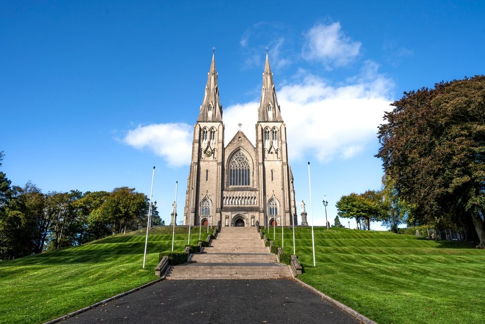 The façade of the St Patrick's Cathedral, seat of the Catholic Archbishop of Armagh, Primate of All Ireland, in Armagh, Northern Ireland
