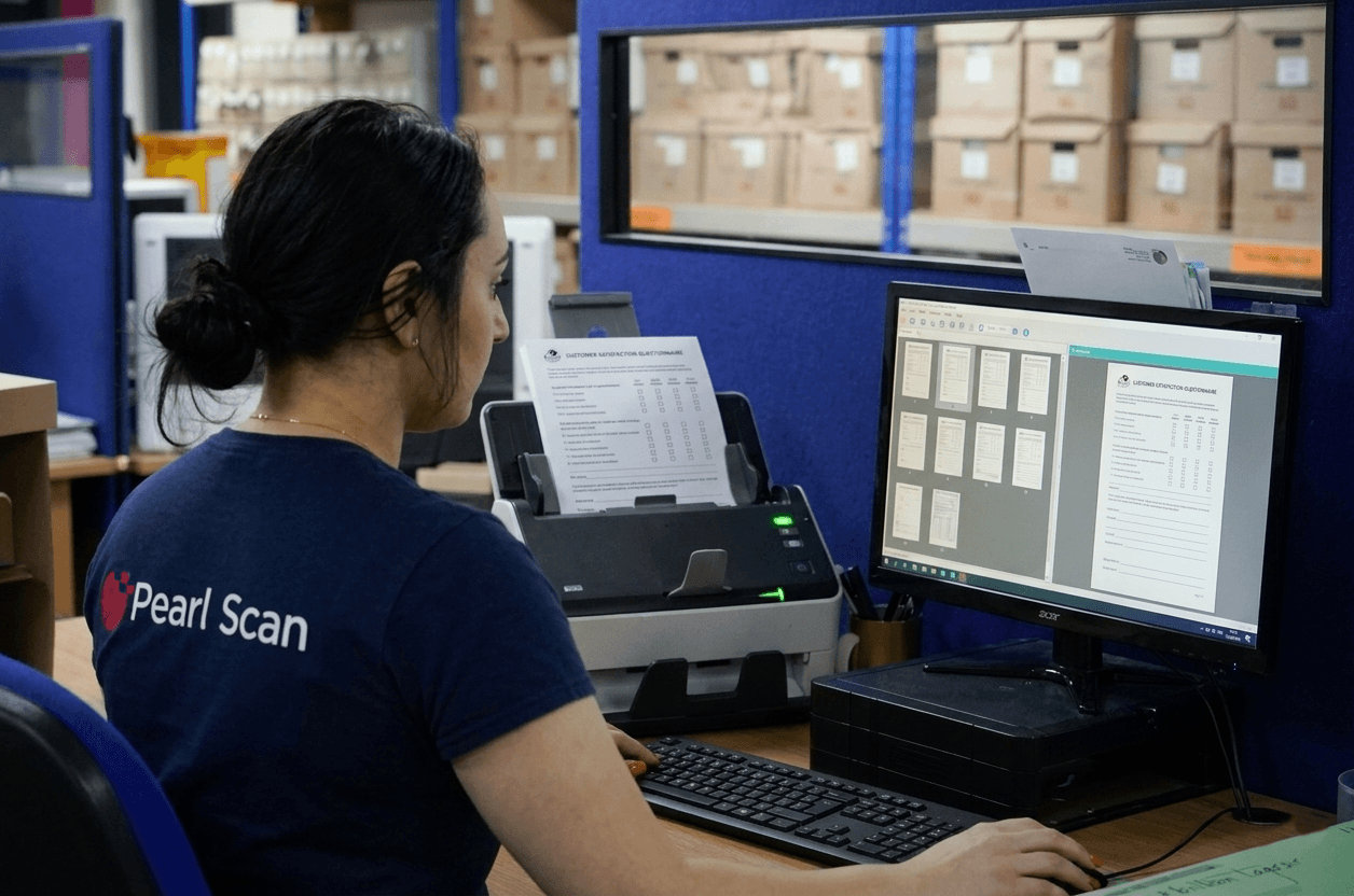 A woman at Pearl Scan using a professional document scanner to digitize paper survey questionnaires into a computer system.