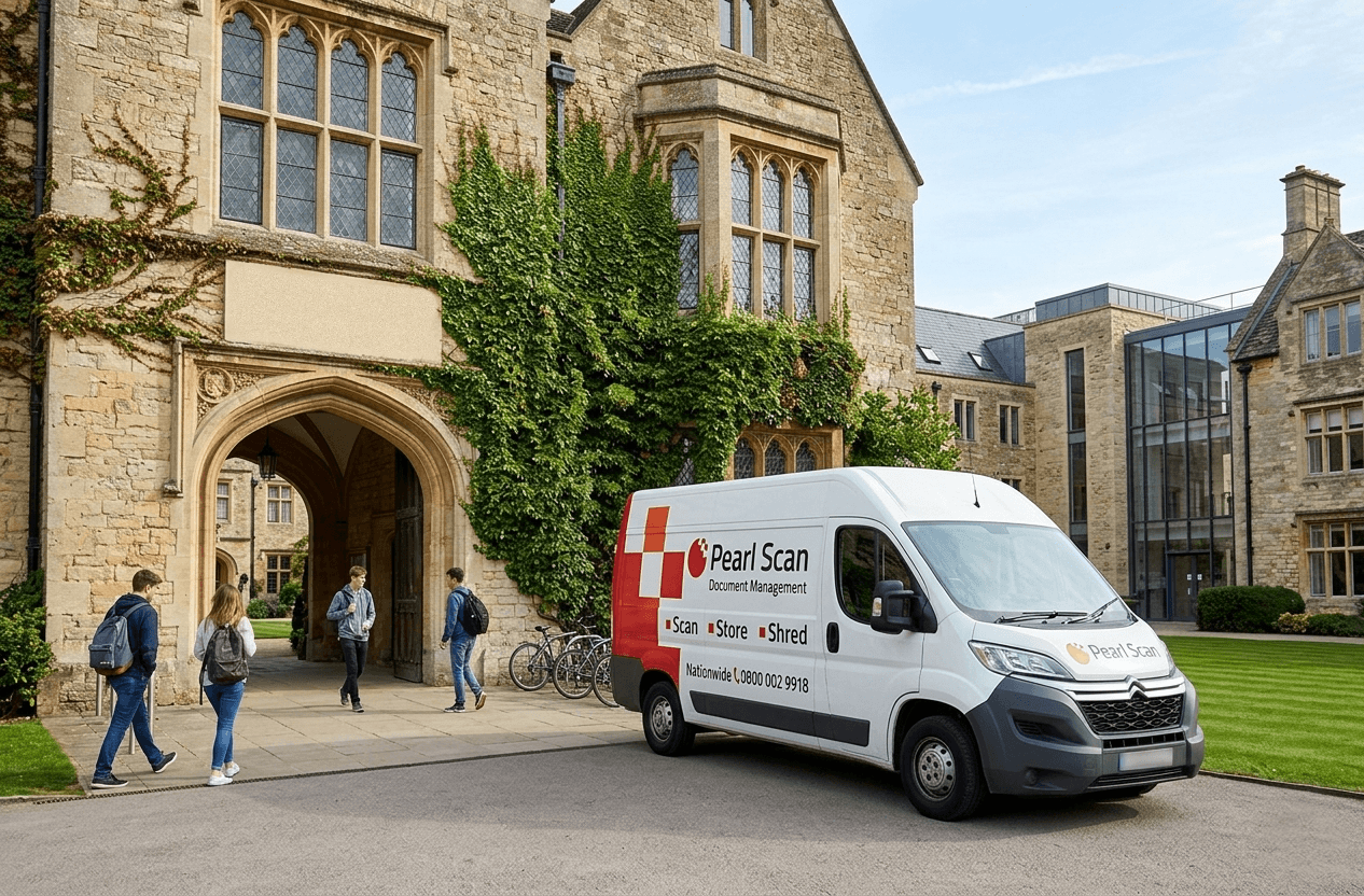 A Pearl Scan document management van parked at a university campus for secure collection of paper surveys and archival records.