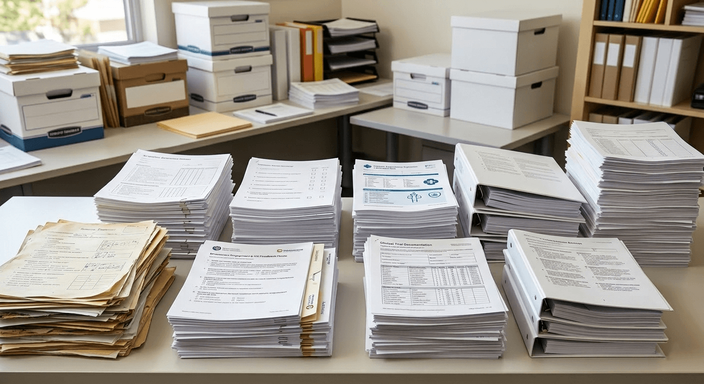 Various stacks of paper surveys, feedback questionnaires, and clinical trial documentation organised on a table for professional data capture.