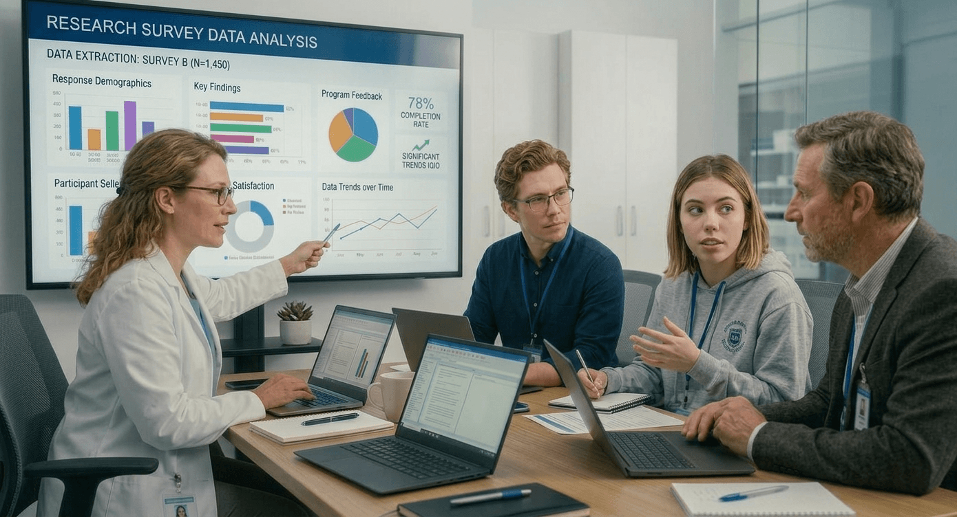 research team in a meeting room reviewing a digital survey data analysis dashboard with interactive charts and statistical trends.