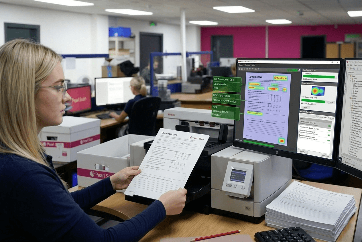 Pearl Scan specialist using advanced document capture software to extract data and OCR text from paper questionnaires for digital reporting.