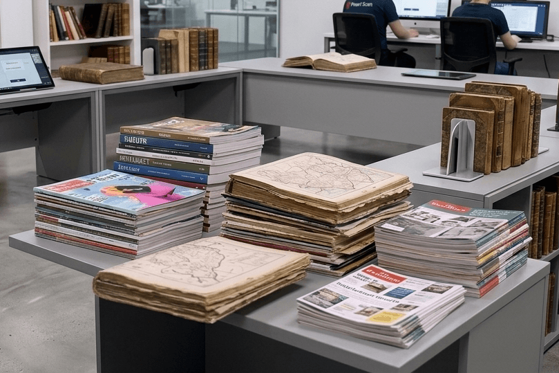 modern office scanning setup with various types of magazines stacked up on a preparation desk.