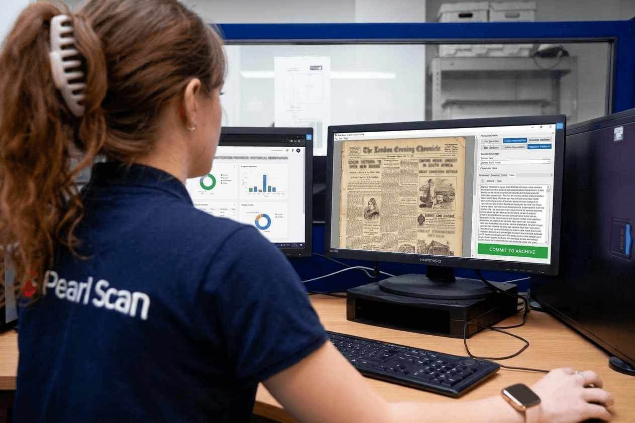 user looking at the screen to perform search on newspaper archive using OCR and text search.