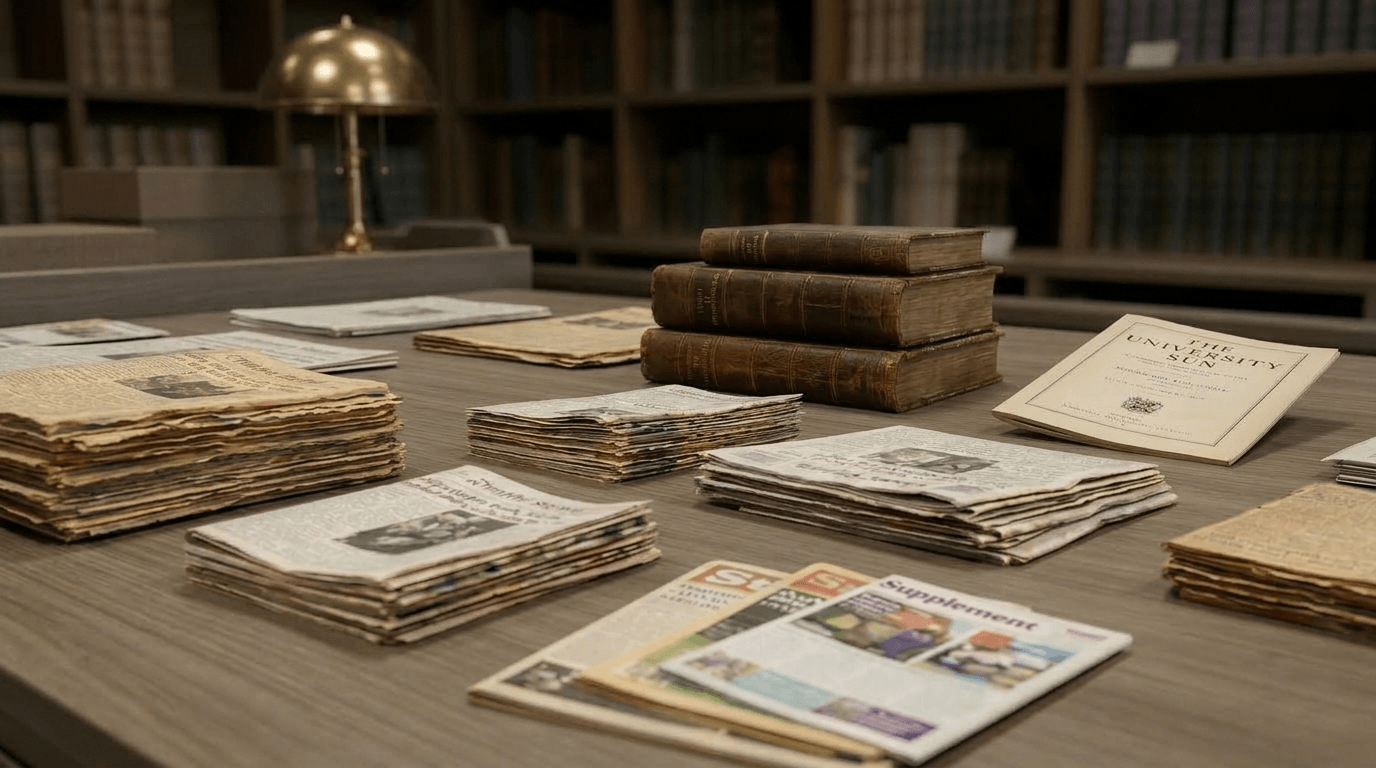 “Stacks of fragile historical newspapers prepared for professional digitisation and preservation”