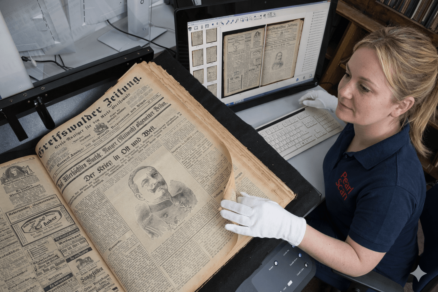 “Specialist carefully digitising bound historical newspapers with high-resolution scanning equipment”