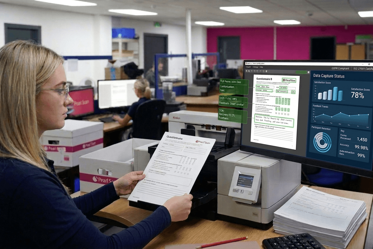 Forms are being scanned by a female operator and data is extracted, converting physical papers into digital information.
