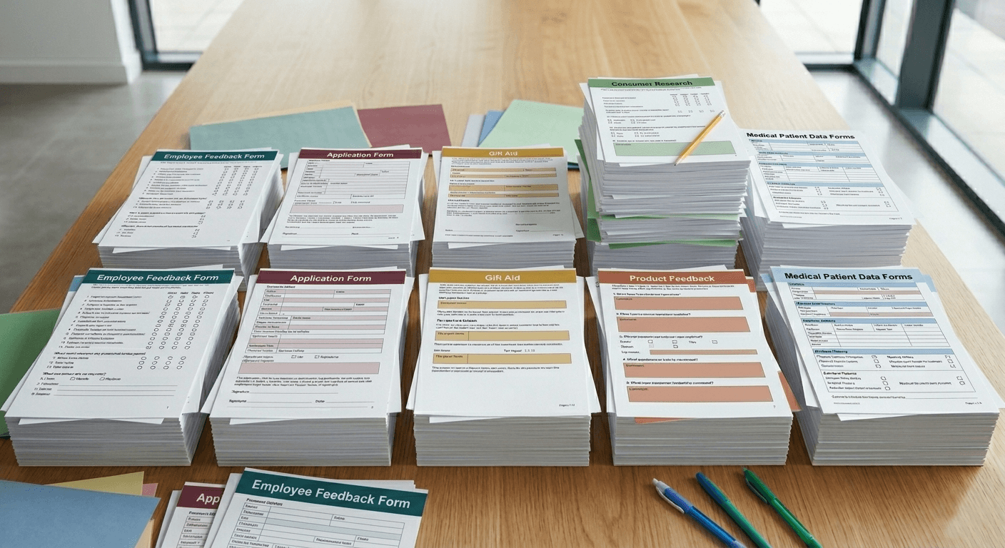 Various types of physical forms stacked neatly on a large wooden table in a well-lit office.