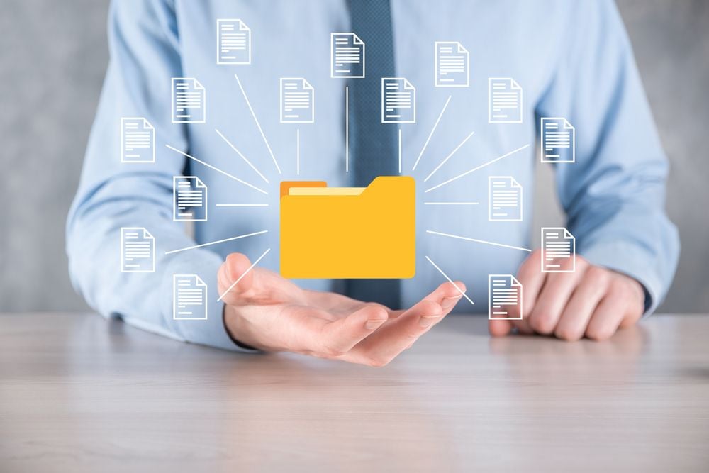 Document Management System DMS .Businessman hold folder and document icon.Software for archiving, searching and managing corporate files and information.Internet Technology Concept.Digital